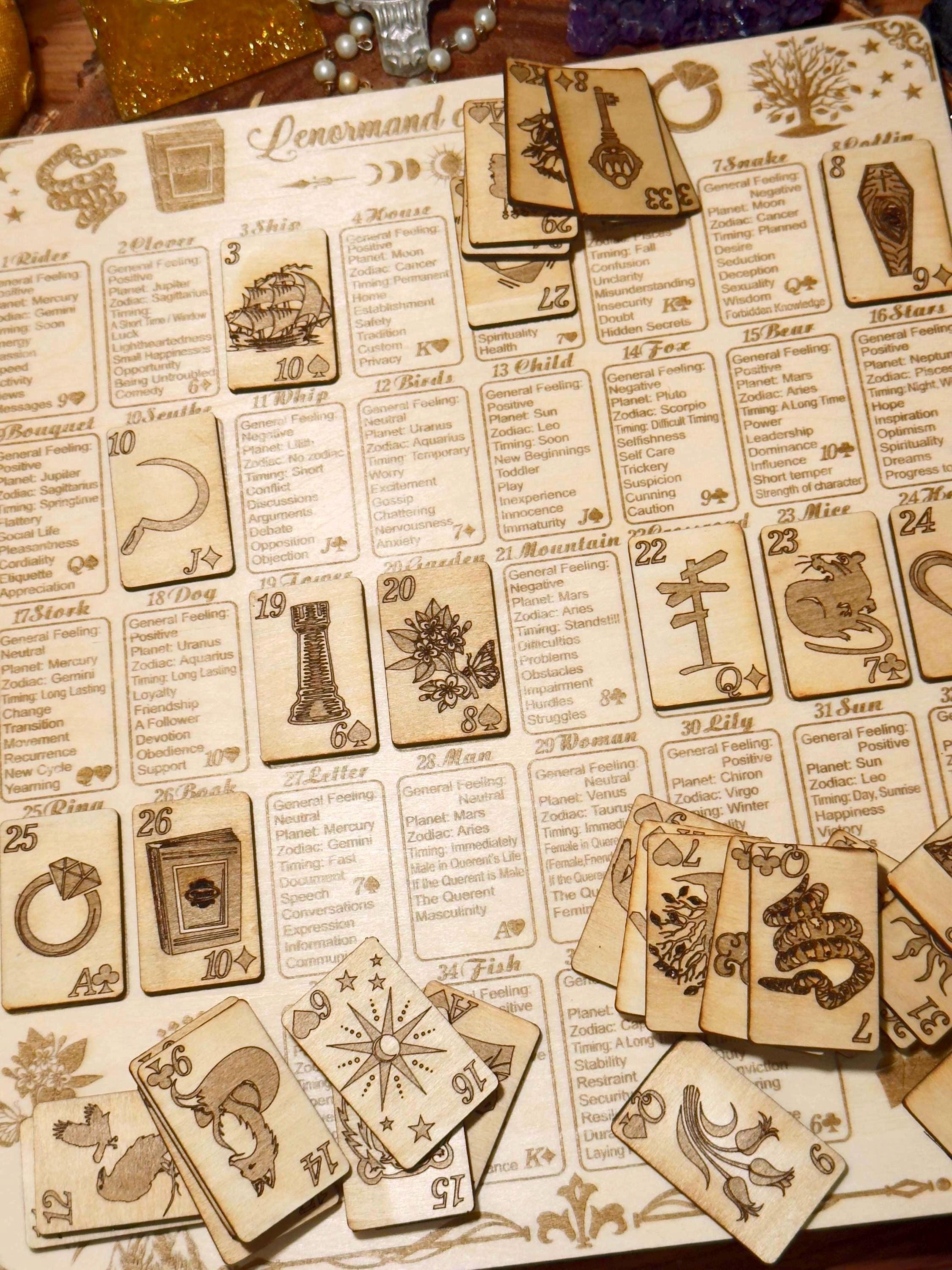 An enchanting mini wooden Lenormand deck for divination, perfect for witches, tarot readers, and mystical practitioners