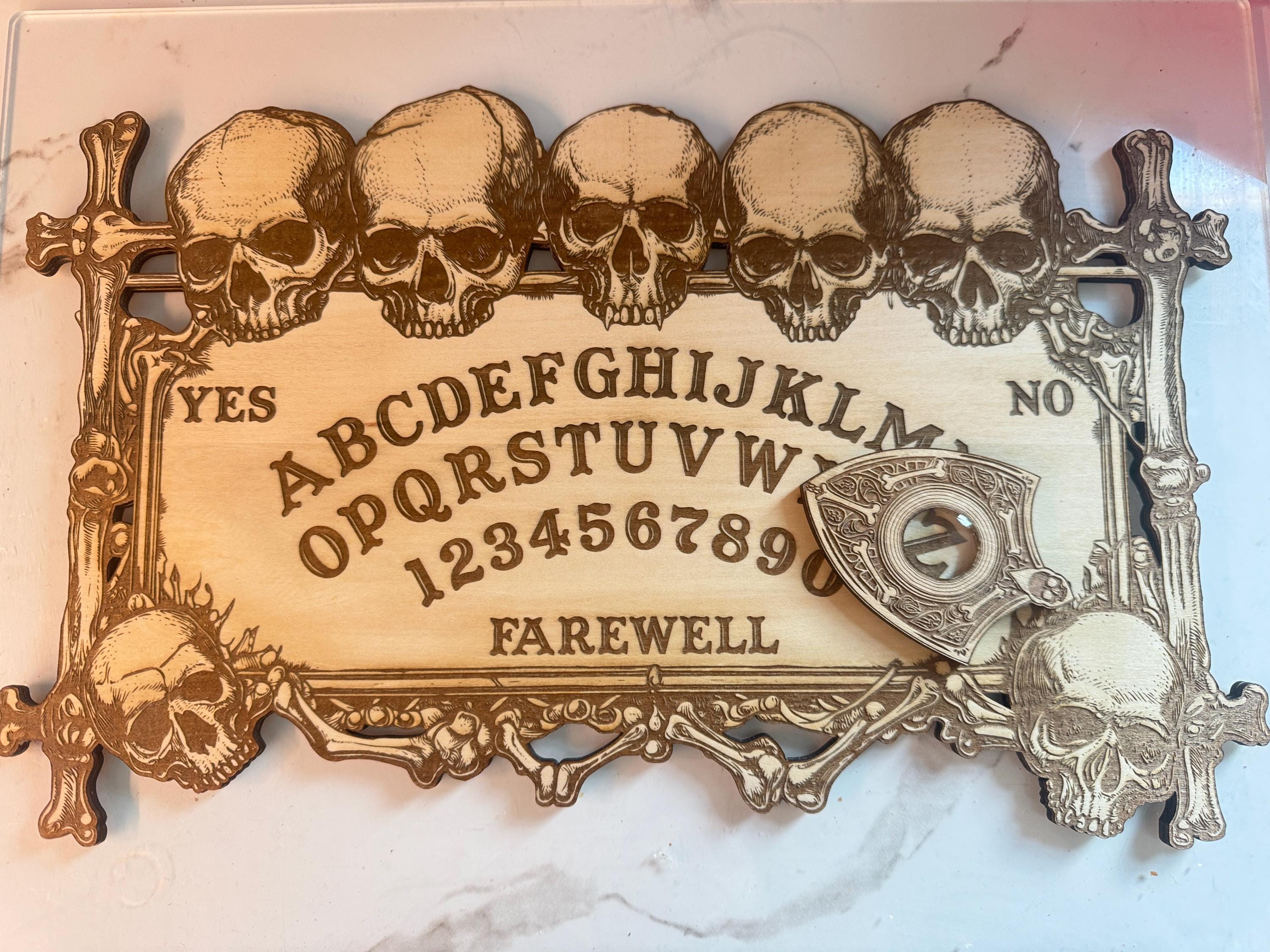 Skull Spirit Board with Planchette: Laser-Engraved Basswood Divination Tool