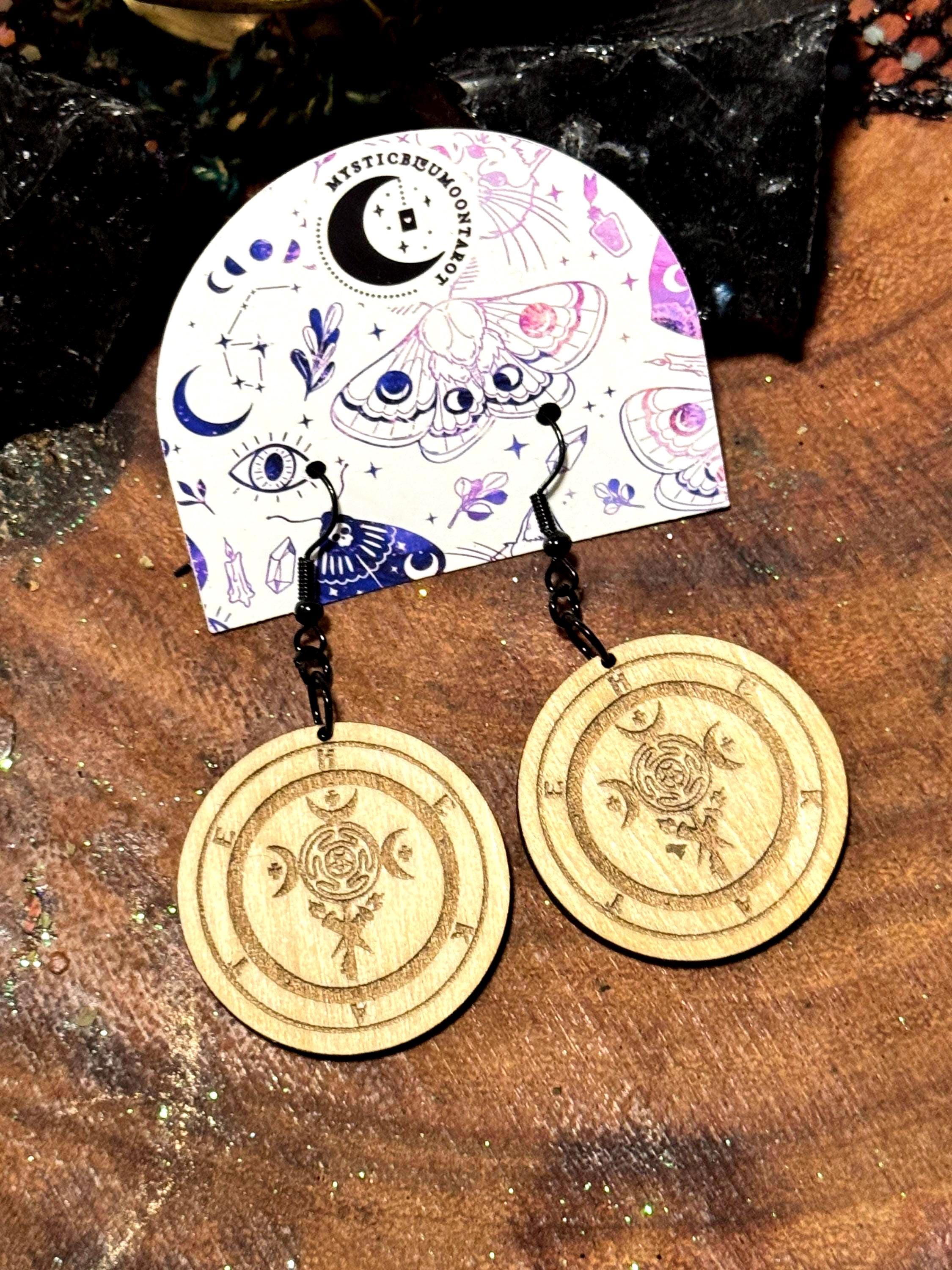 Goddess Hecate Dangle Earrings – Hekate Witchcraft Handmade Wood Jewelry, Spiritual Gifts for Witches, Occult Pagan Accessories