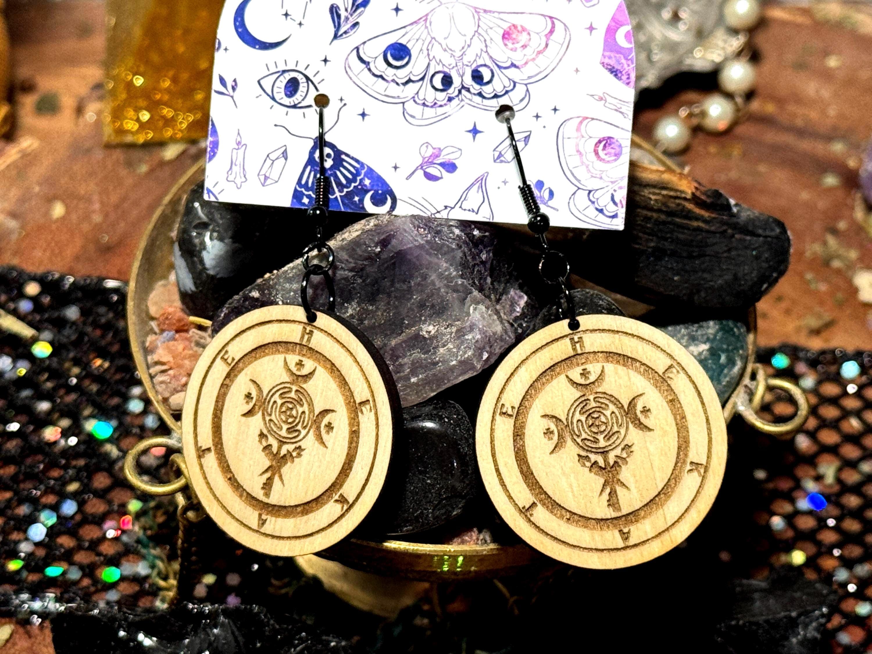 Goddess Hecate Dangle Earrings – Hekate Witchcraft Handmade Wood Jewelry, Spiritual Gifts for Witches, Occult Pagan Accessories