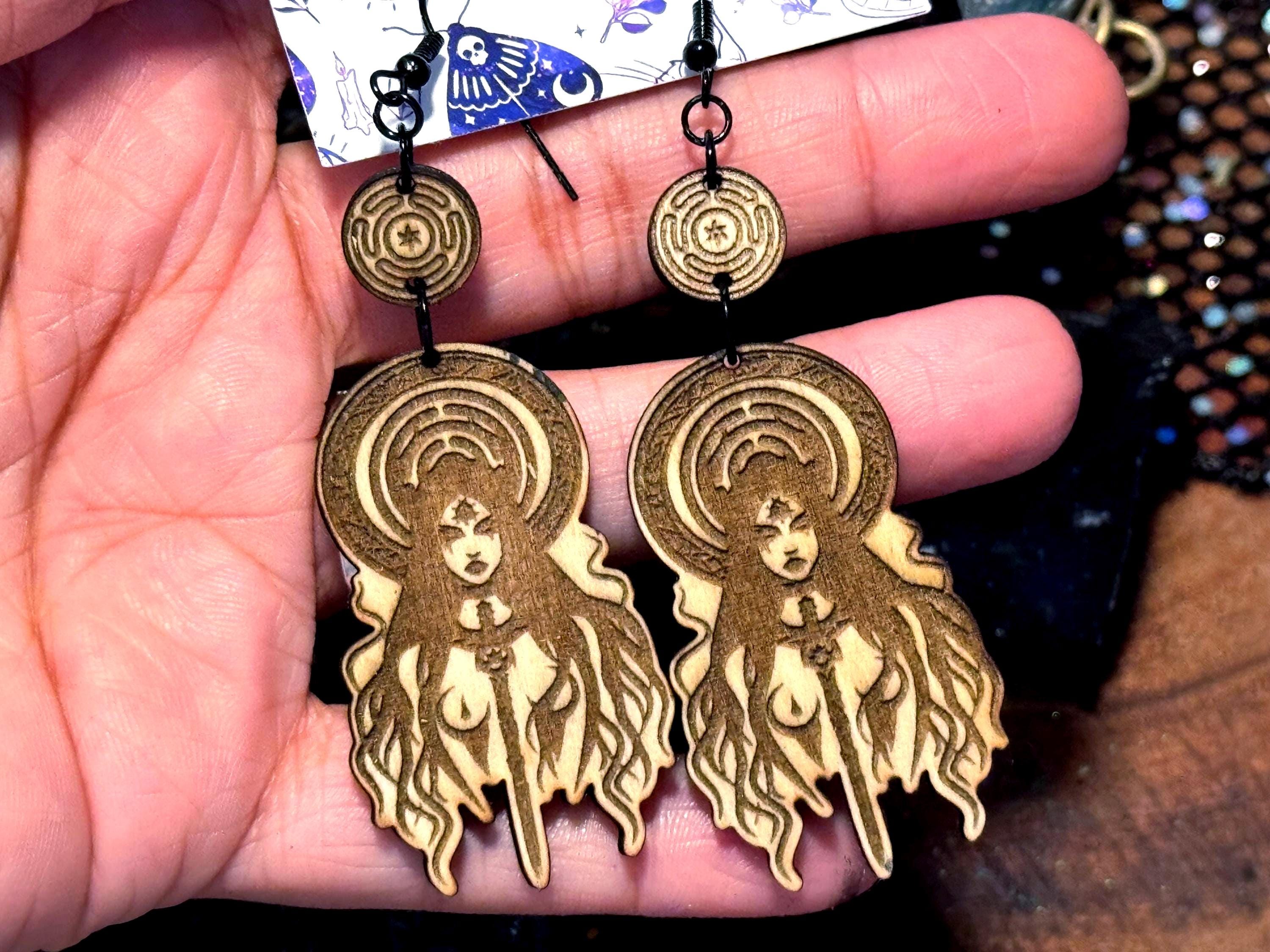 Hecate Dangle Earrings – Hekate Witchcraft Handmade Wood Jewelry, Spiritual Gifts for Witches, Occult Pagan Accessories