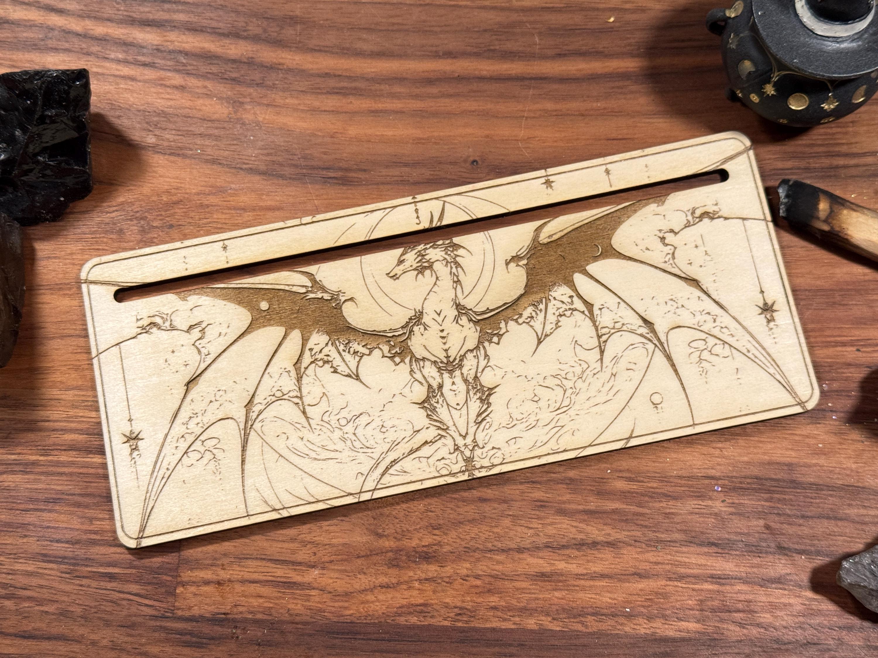 Mystic Dragon Tarot Card Stand – Wooden Engraved Tarot Display for 1-2 Cards, Oracle Card Holder, Card of the Day Stand, Altar Decor