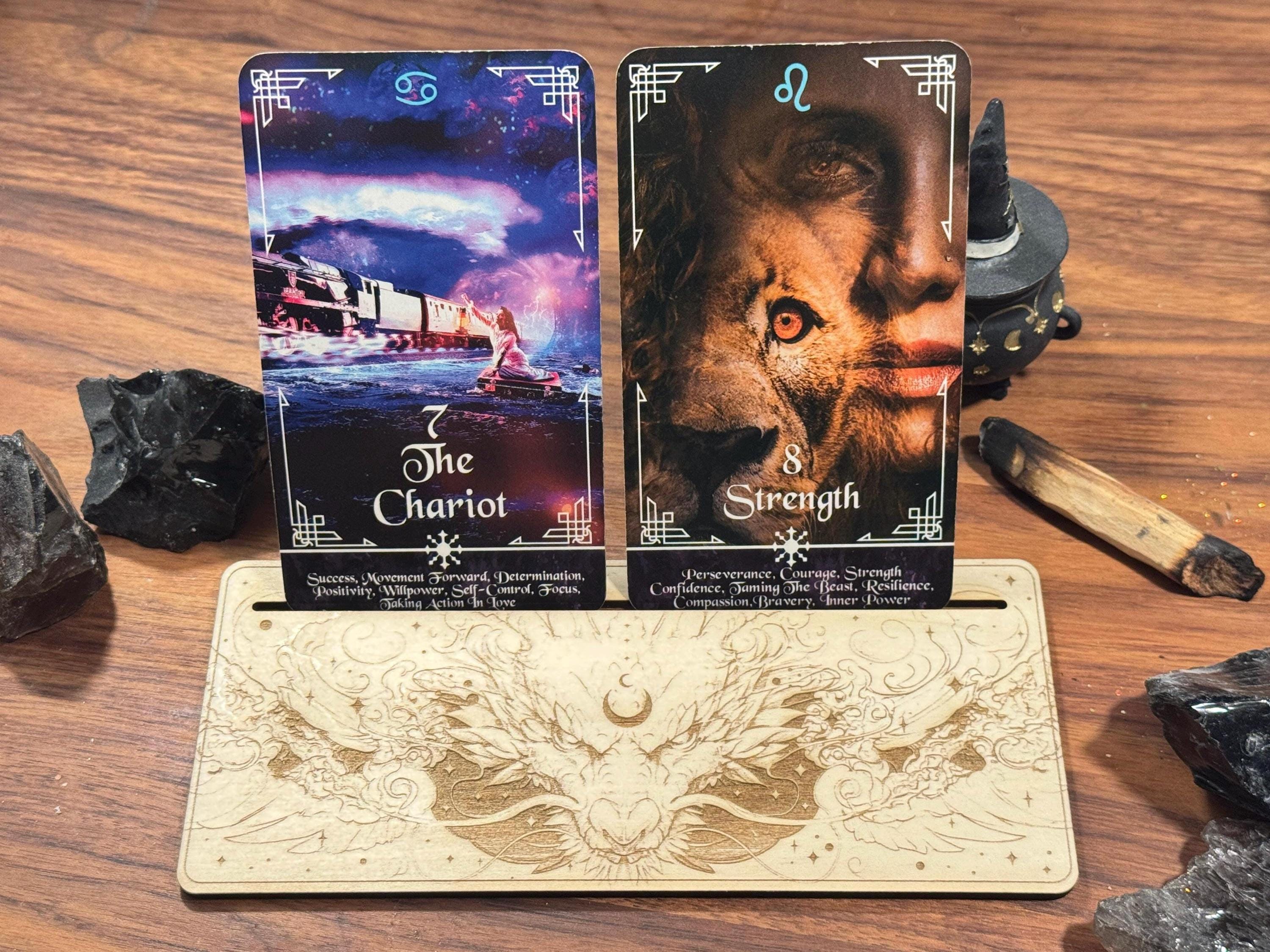 Mystic Dragon Tarot Card Stand – Wooden Engraved Tarot Display for 1-2 Cards, Oracle Card Holder, Card of the Day Stand, Altar Decor