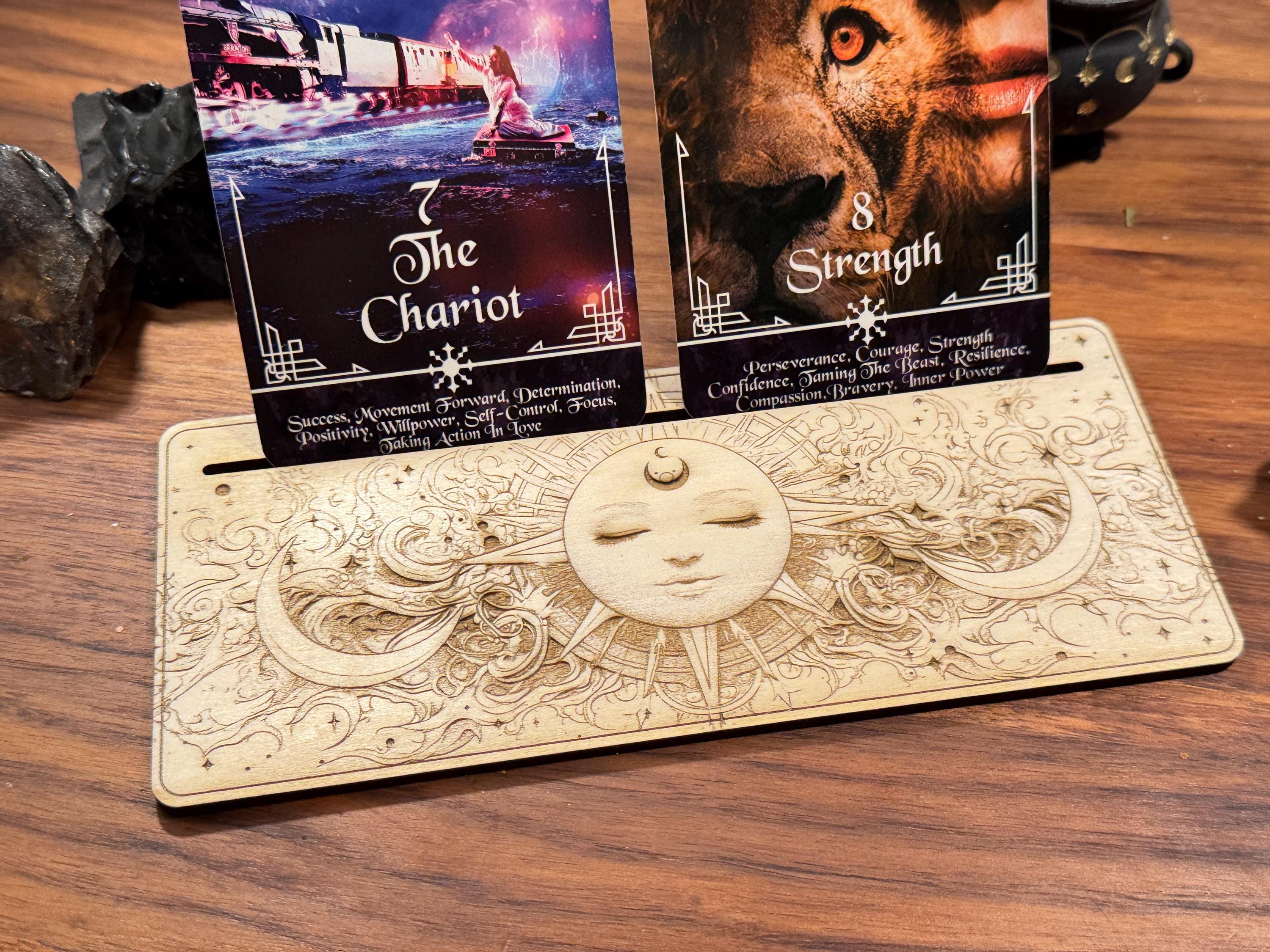 Mystic Sun Tarot Card Stand – Wooden Engraved Tarot Display for 1-2 Cards, Oracle Card Holder, Card of the Day Stand, Altar Decor