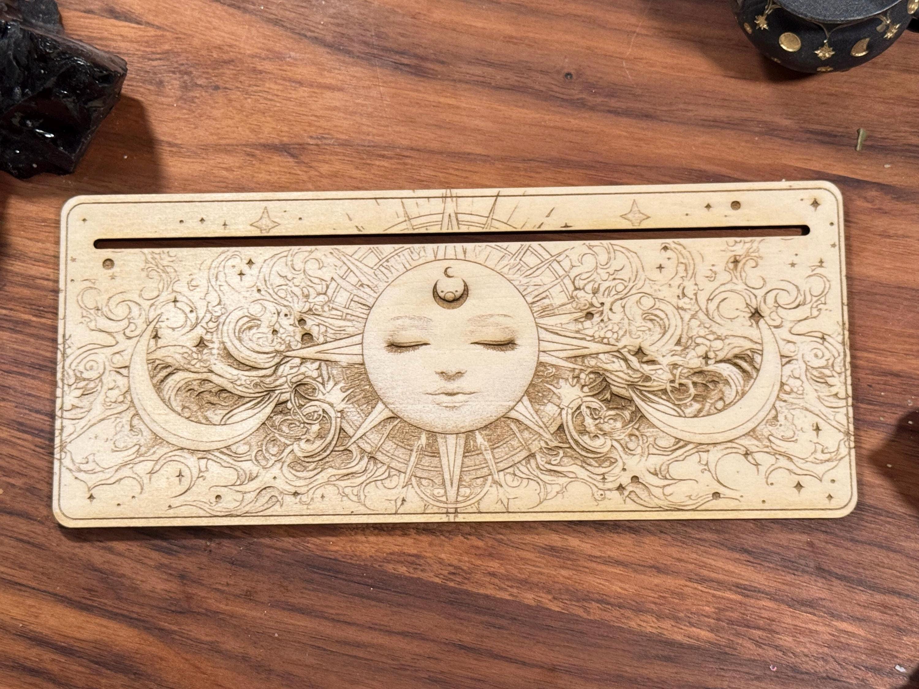 Mystic Sun Tarot Card Stand – Wooden Engraved Tarot Display for 1-2 Cards, Oracle Card Holder, Card of the Day Stand, Altar Decor