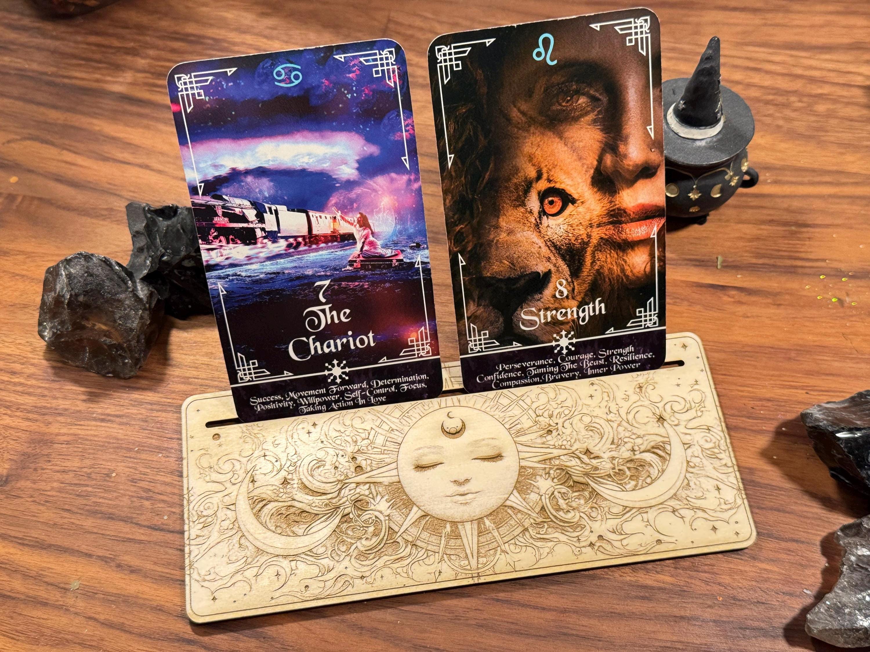 Mystic Sun Tarot Card Stand – Wooden Engraved Tarot Display for 1-2 Cards, Oracle Card Holder, Card of the Day Stand, Altar Decor