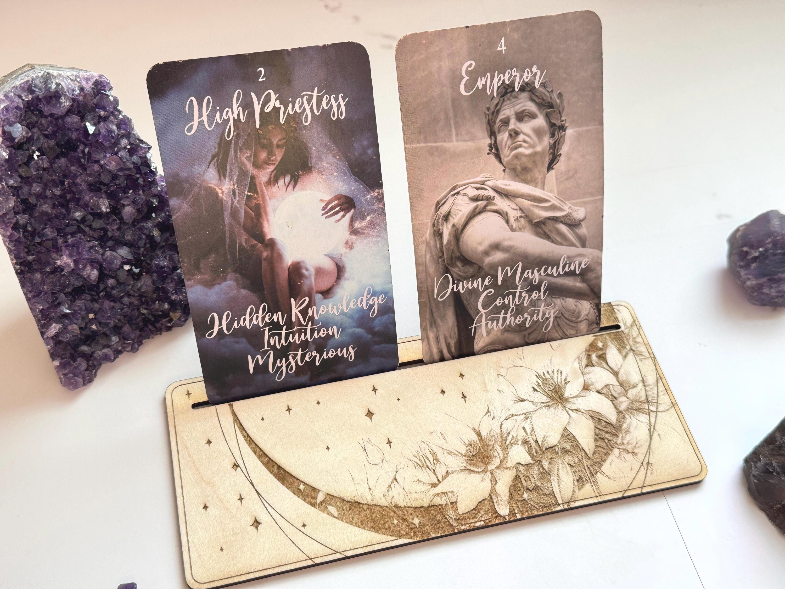 Mystic Moon Tarot Card Holder – Wooden Engraved Tarot Stand Display for 1-2 Cards, Oracle Card Holder, Card of the Day Stand, Altar Decor