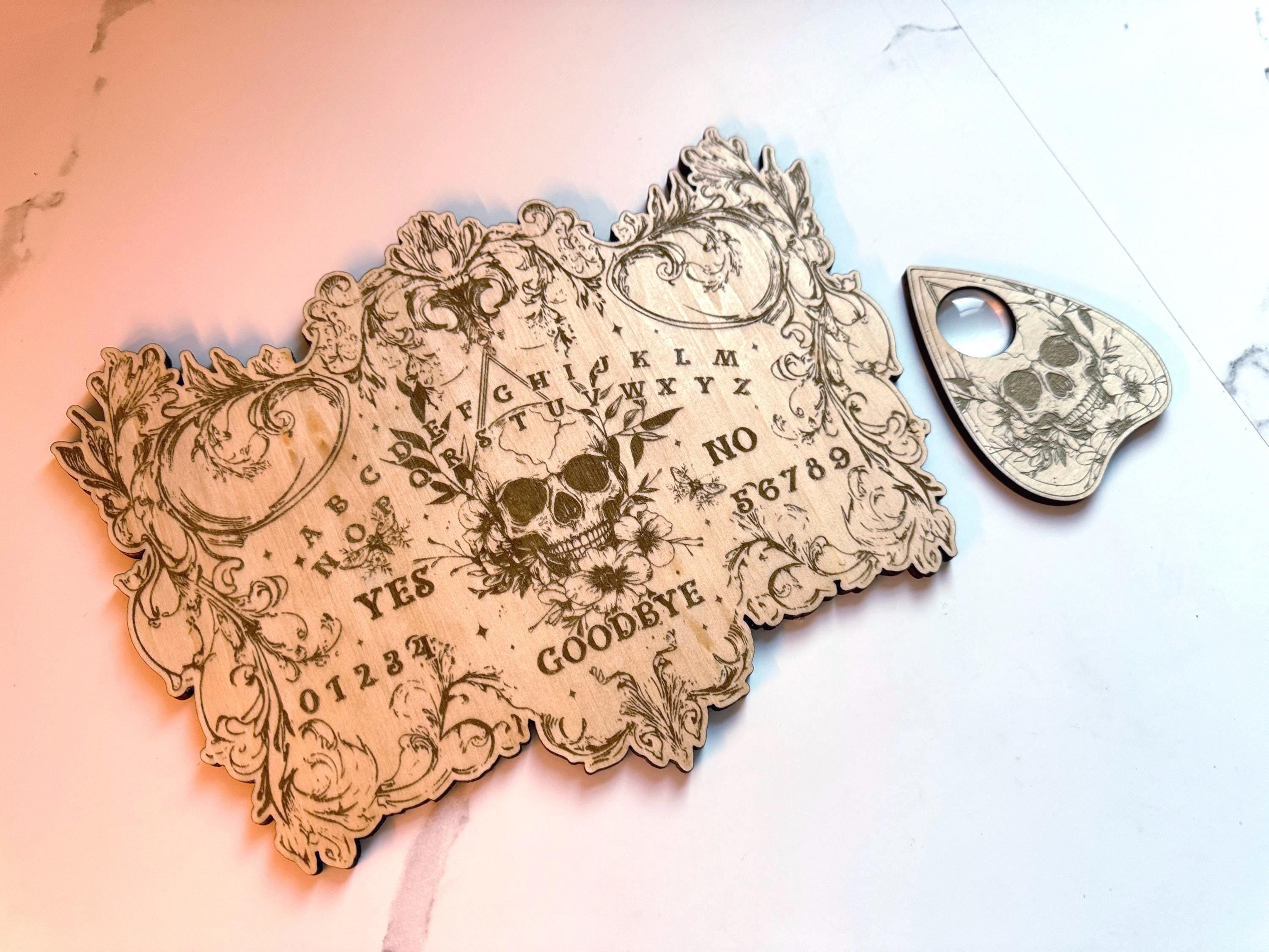 Wood Ouija Board, Floral Skull Spirit Board with Planchette, Divination Tool, Witchy Gifts, Talking Board, Altar Decoration