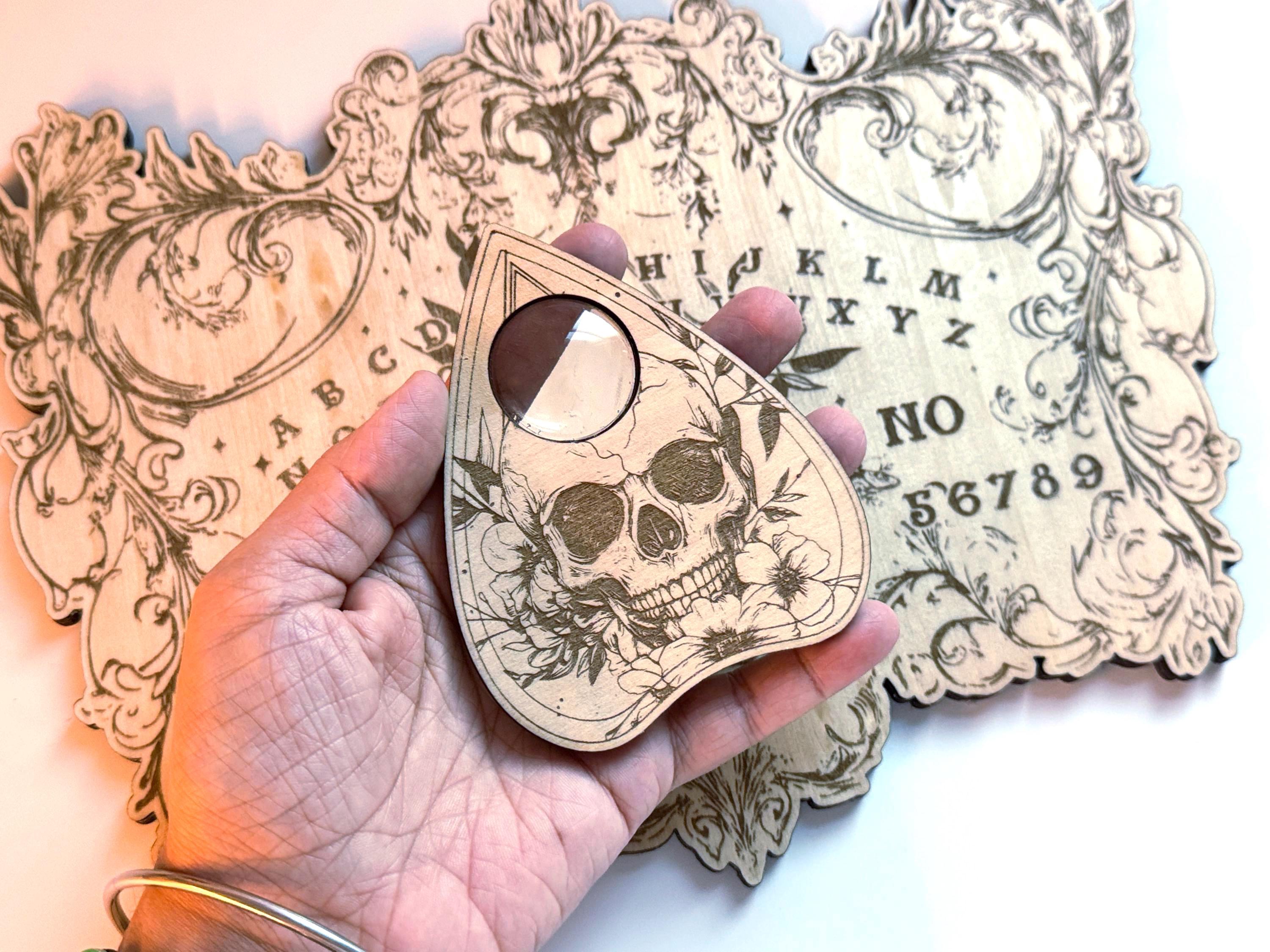 Wood Ouija Board, Floral Skull Spirit Board with Planchette, Divination Tool, Witchy Gifts, Talking Board, Altar Decoration