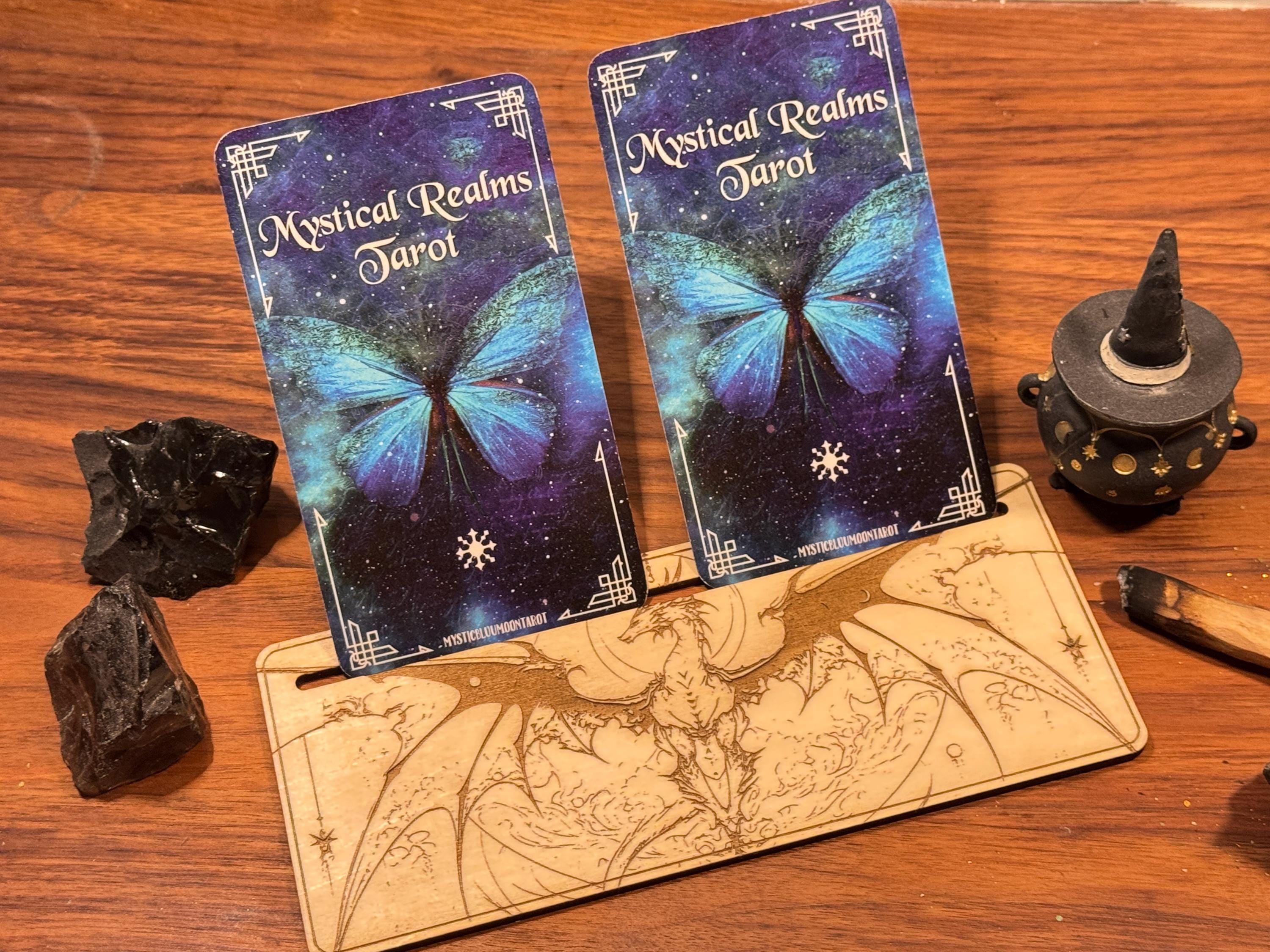 Mystic Dragon Tarot Card Stand – Wooden Engraved Tarot Display for 1-2 Cards, Oracle Card Holder, Card of the Day Stand, Altar Decor