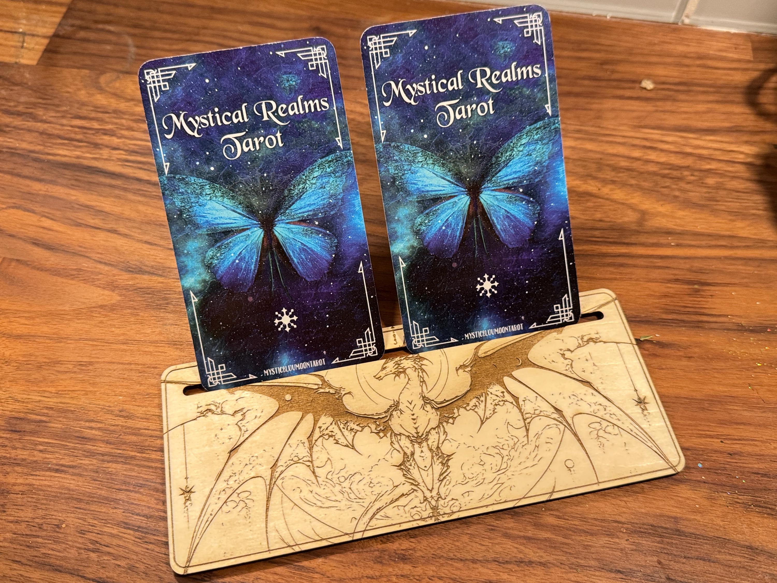 Mystic Dragon Tarot Card Stand – Wooden Engraved Tarot Display for 1-2 Cards, Oracle Card Holder, Card of the Day Stand, Altar Decor