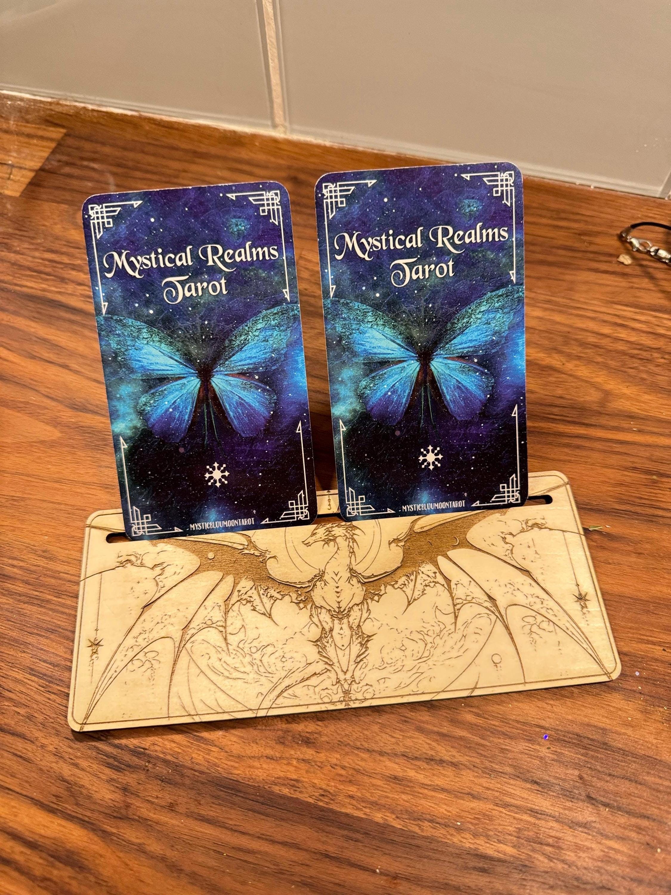 Mystic Dragon Tarot Card Stand – Wooden Engraved Tarot Display for 1-2 Cards, Oracle Card Holder, Card of the Day Stand, Altar Decor