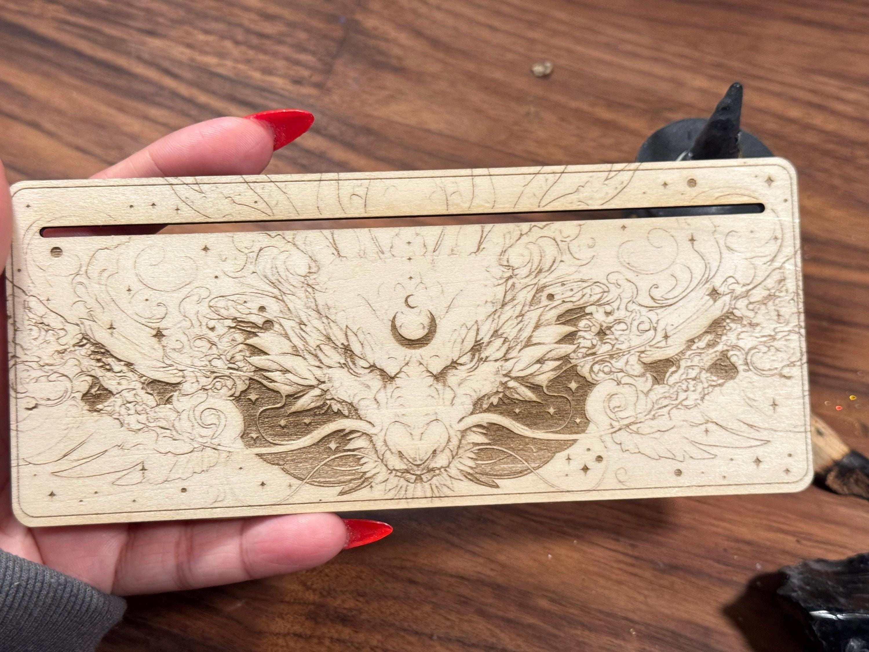 Mystic Dragon Tarot Card Stand – Wooden Engraved Tarot Display for 1-2 Cards, Oracle Card Holder, Card of the Day Stand, Altar Decor