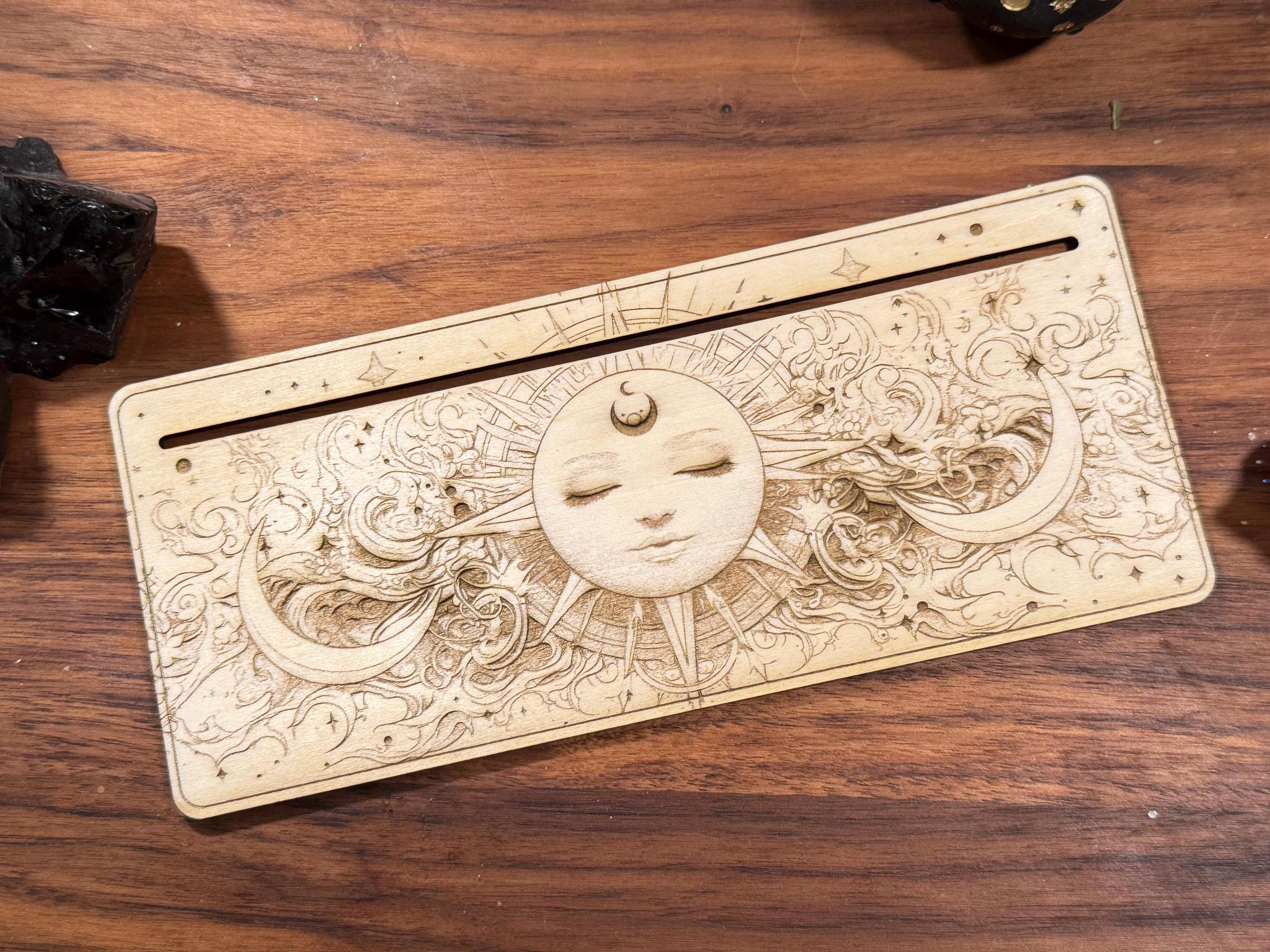 Mystic Sun Tarot Card Stand – Wooden Engraved Tarot Display for 1-2 Cards, Oracle Card Holder, Card of the Day Stand, Altar Decor