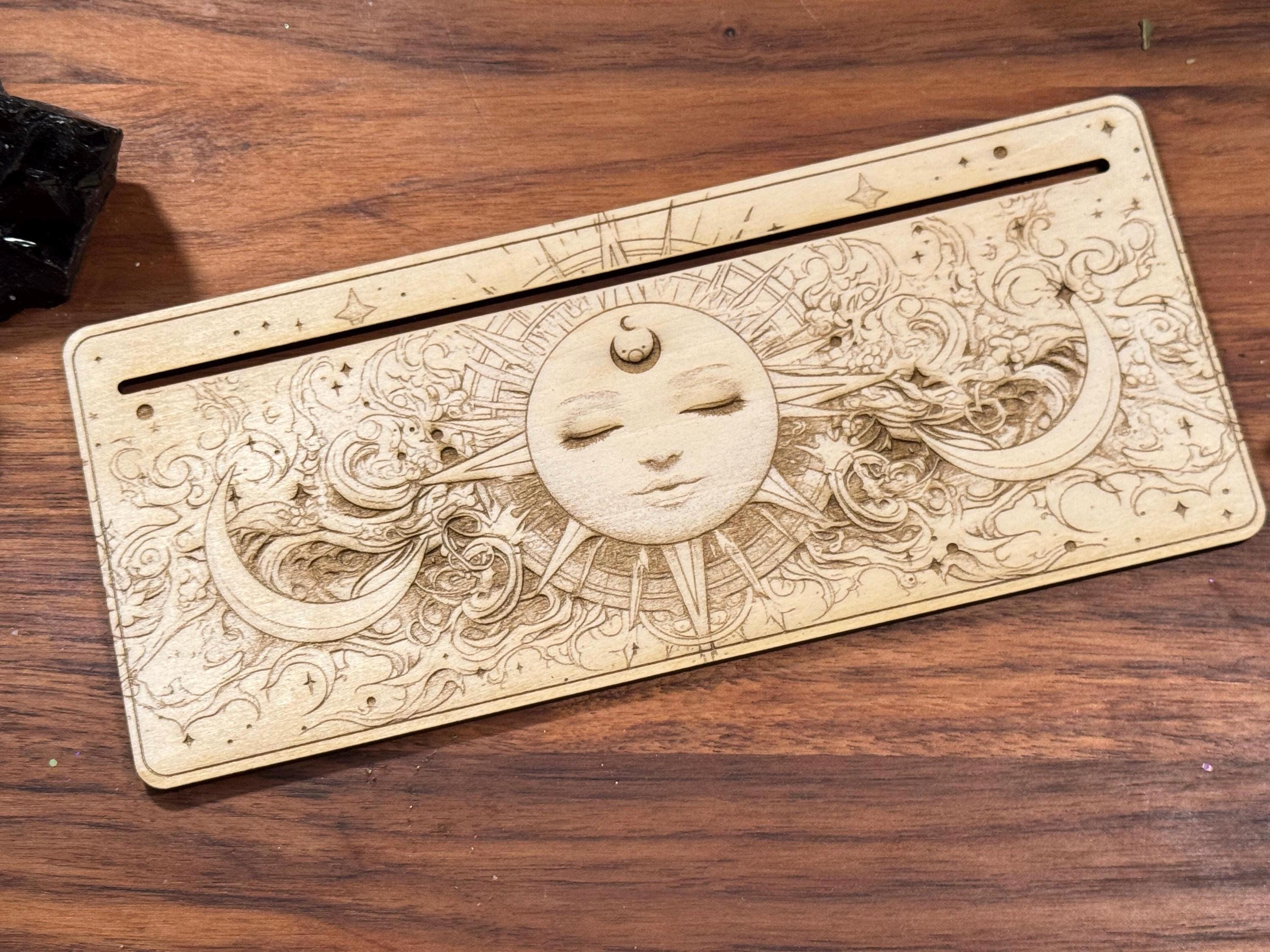 Mystic Sun Tarot Card Stand – Wooden Engraved Tarot Display for 1-2 Cards, Oracle Card Holder, Card of the Day Stand, Altar Decor