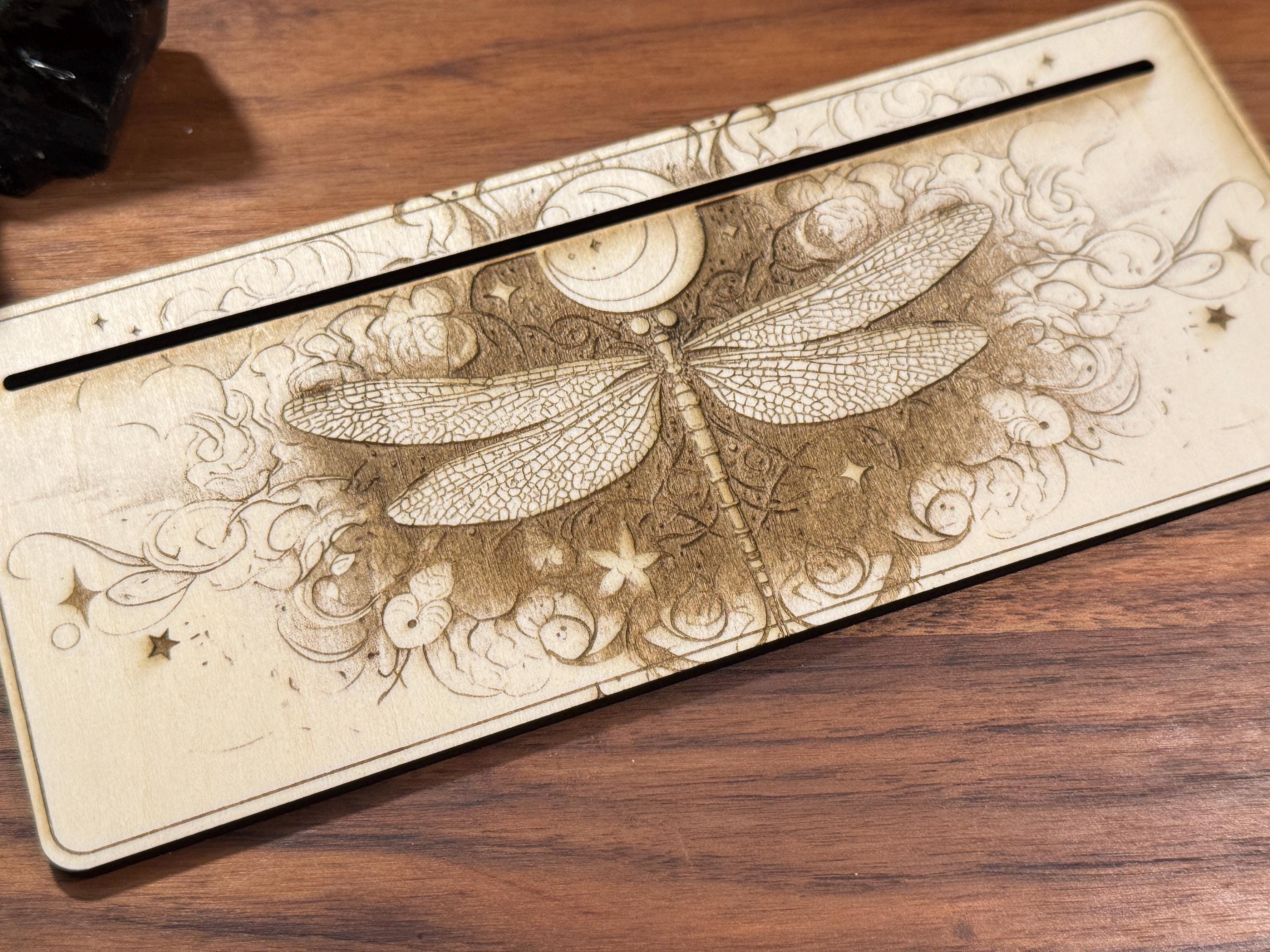 Mystic Dragonfly Tarot Card Stand – Wooden Engraved Tarot Display for 1-2 Cards, Oracle Card Holder, Card of the Day Stand, Altar Decor