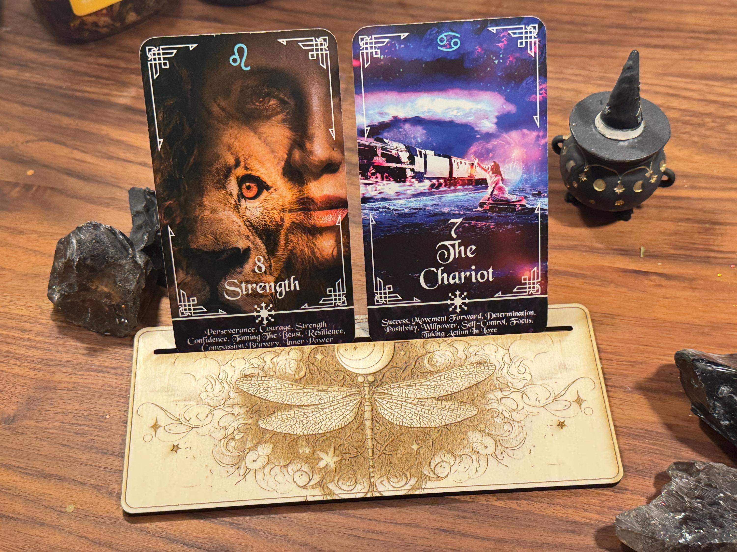 Mystic Dragonfly Tarot Card Stand – Wooden Engraved Tarot Display for 1-2 Cards, Oracle Card Holder, Card of the Day Stand, Altar Decor