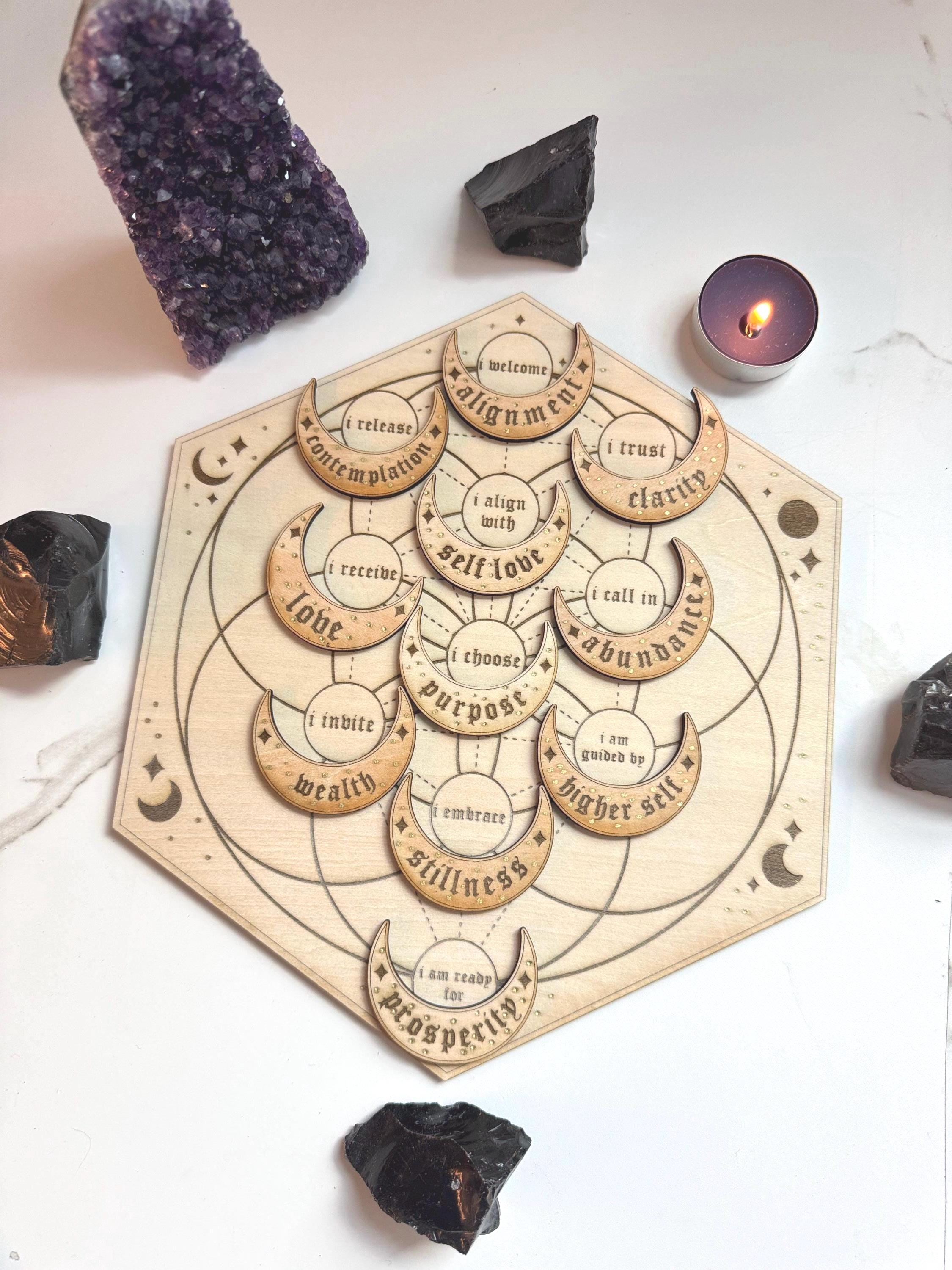 Manifestation Crystal Grid Board With 27 Crescent Moon Intention Tokens – Sacred Geometry, Shadow Work, Affirmation Tool, Altar Decor