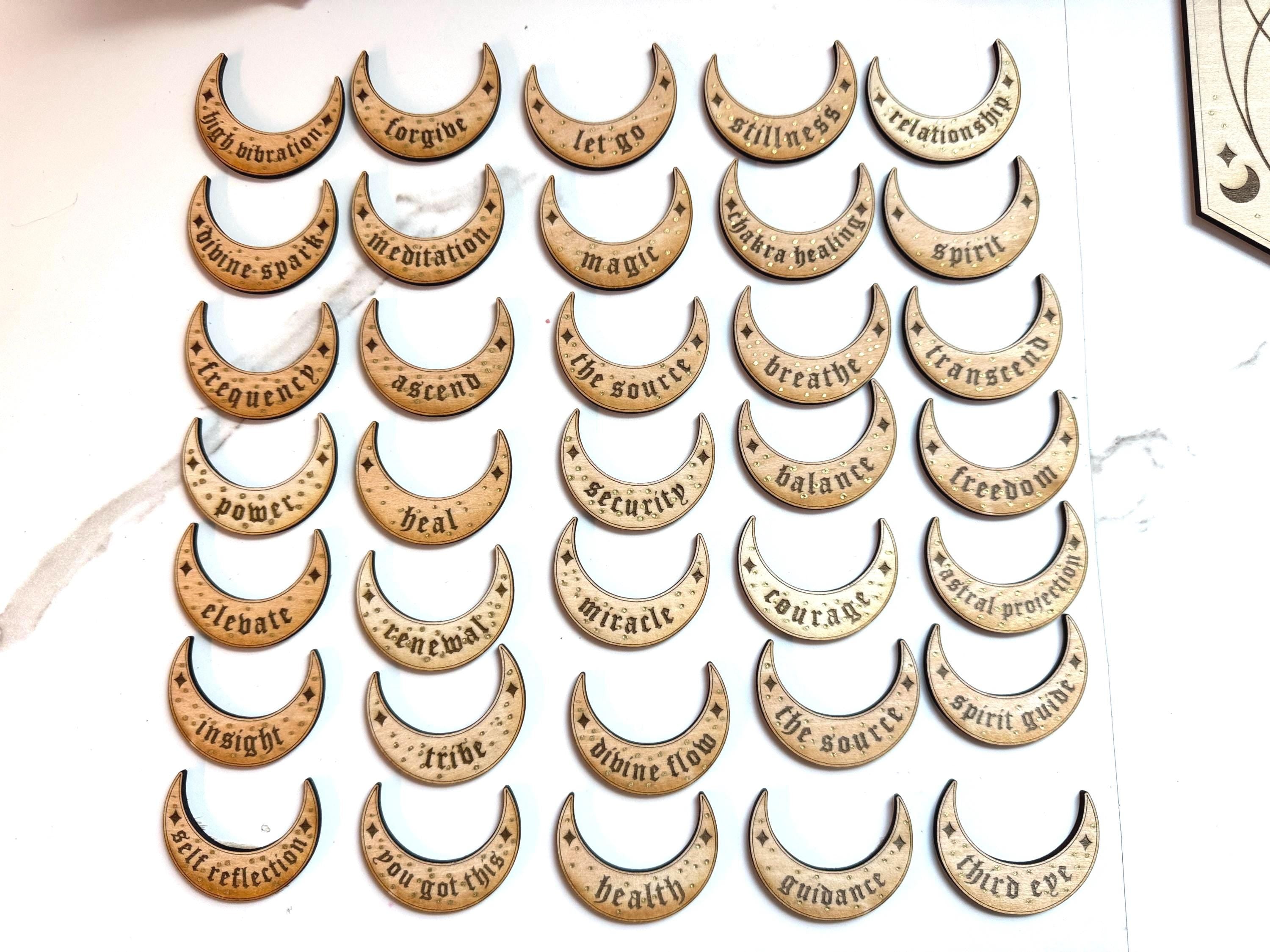 Manifestation Crystal Grid Board With 27 Crescent Moon Intention Tokens – Sacred Geometry, Shadow Work, Affirmation Tool, Altar Decor