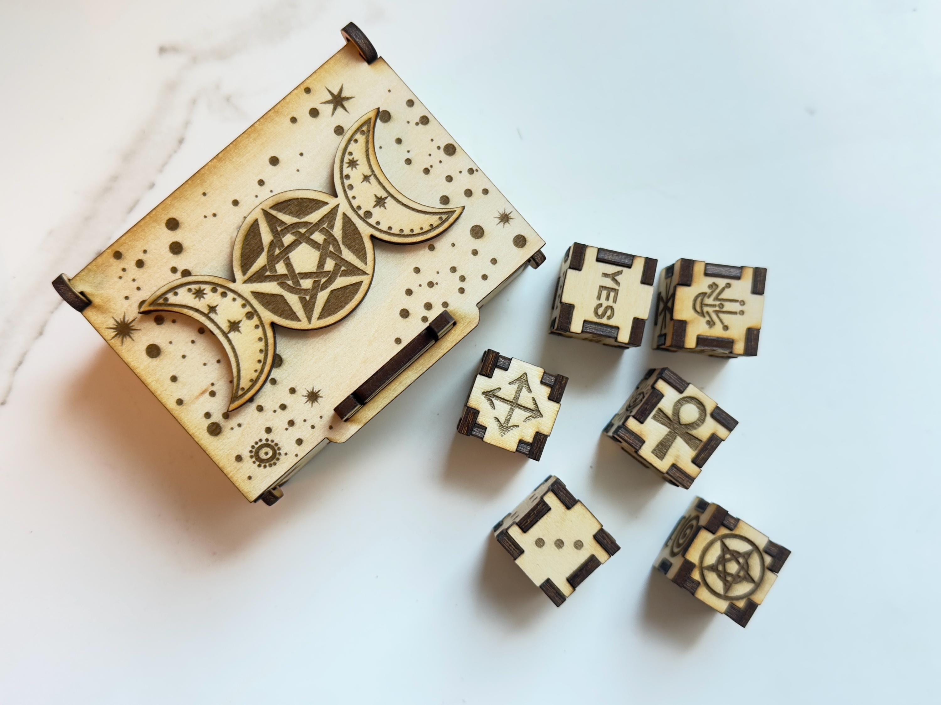 Wooden Witch’s Runes Divination Dice Set With Box, Numbers & Yes/No/Maybe, Laser Engraved Fortune Telling Tool, Altar Decor, Witch Gift