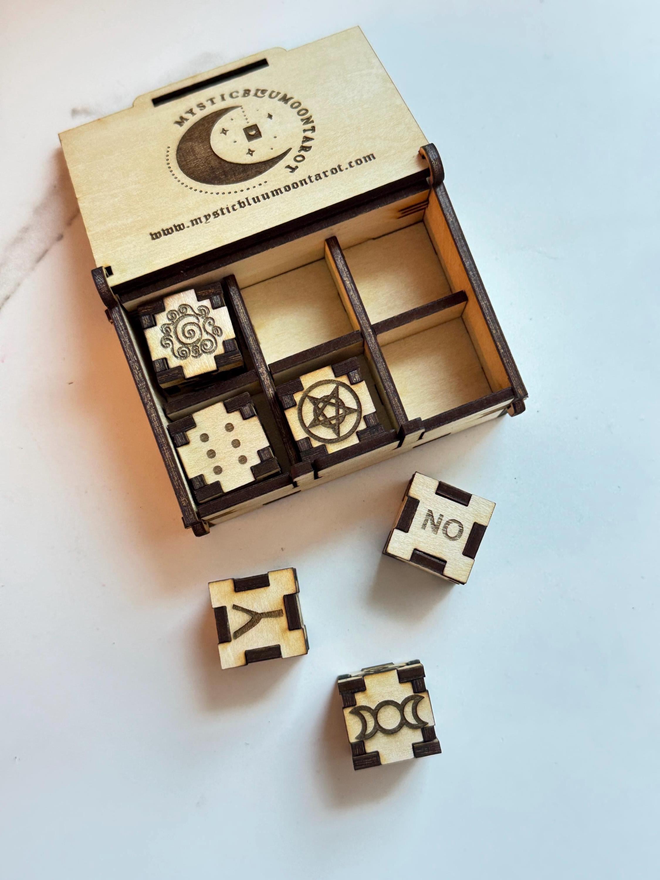 Wooden Witch’s Runes Divination Dice Set With Box, Numbers & Yes/No/Maybe, Laser Engraved Fortune Telling Tool, Altar Decor, Witch Gift
