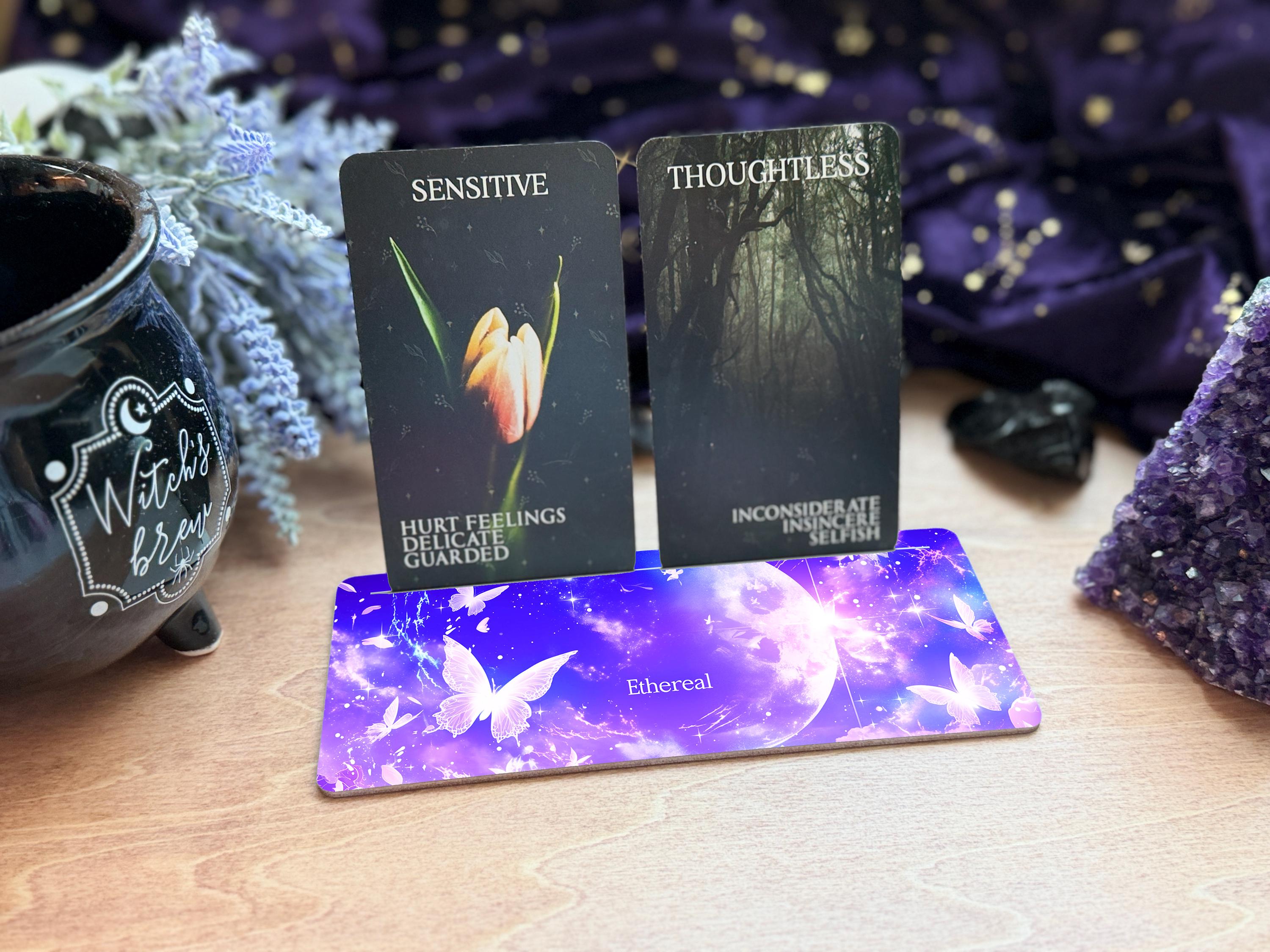 Celestial Butterfly Tarot Card Stand – UV Printed Wooden Altar Display Holder