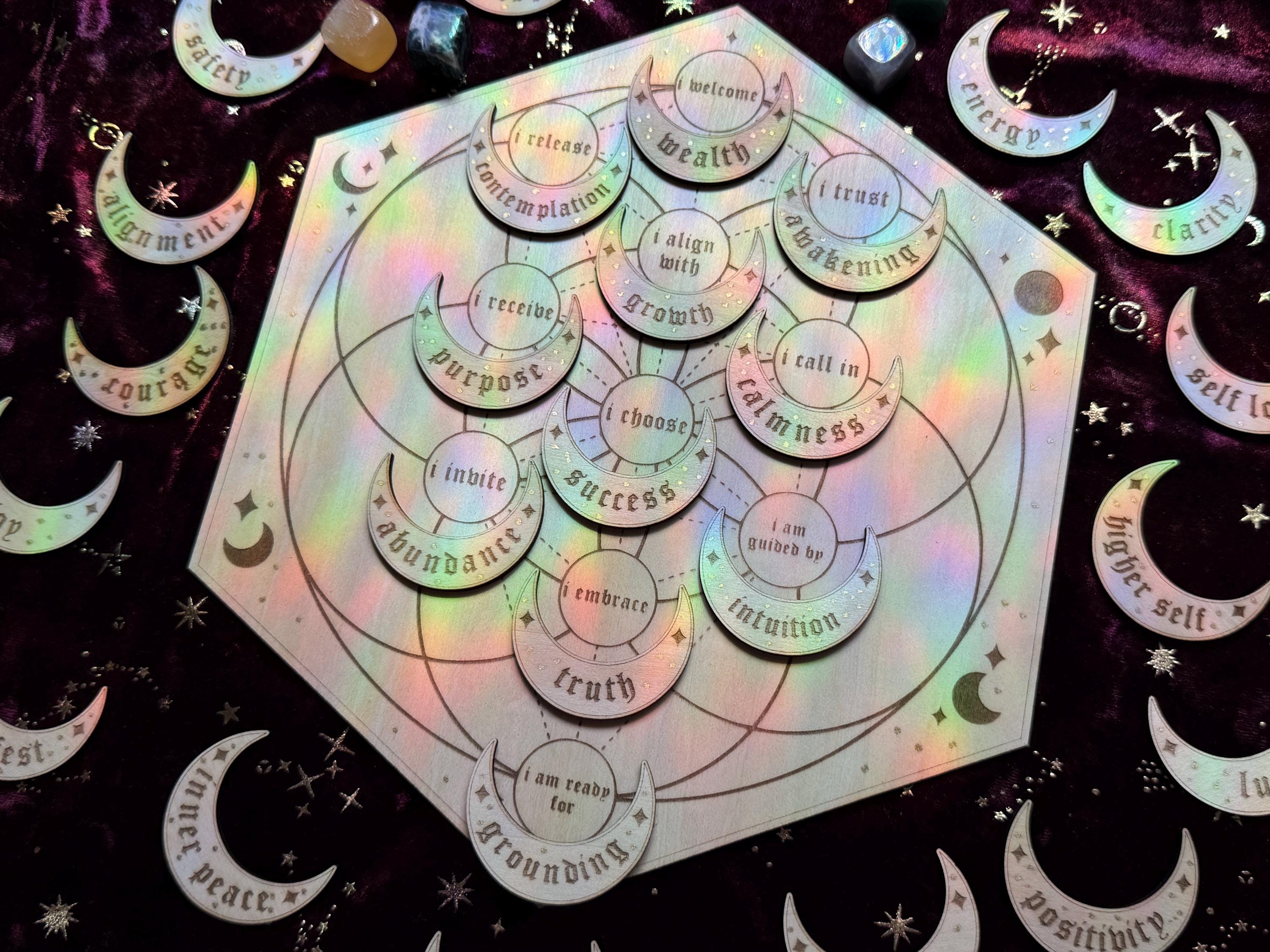 Manifestation Crystal Grid Board With 27 Crescent Moon Intention Tokens – Sacred Geometry, Shadow Work, Affirmation Tool, Altar Decor