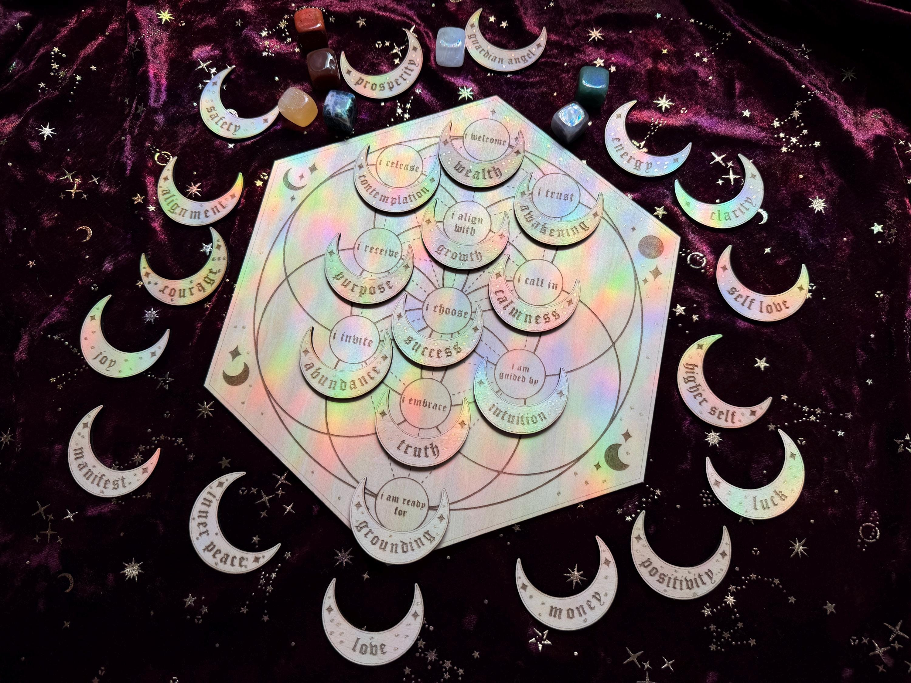 Manifestation Crystal Grid Board With 27 Crescent Moon Intention Tokens – Sacred Geometry, Shadow Work, Affirmation Tool, Altar Decor