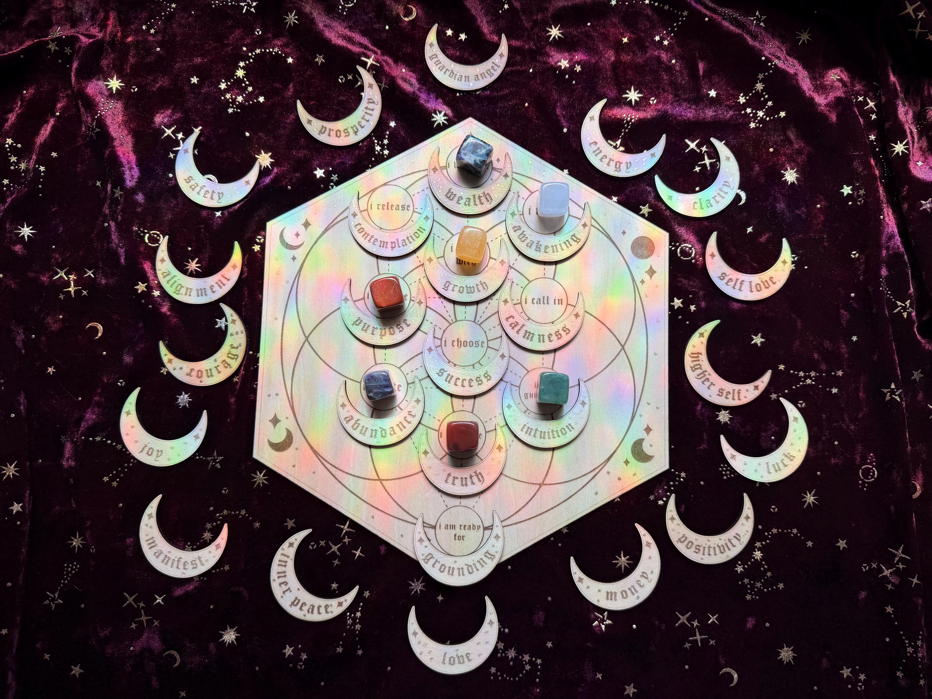 Manifestation Crystal Grid Board With 27 Crescent Moon Intention Tokens – Sacred Geometry, Shadow Work, Affirmation Tool, Altar Decor