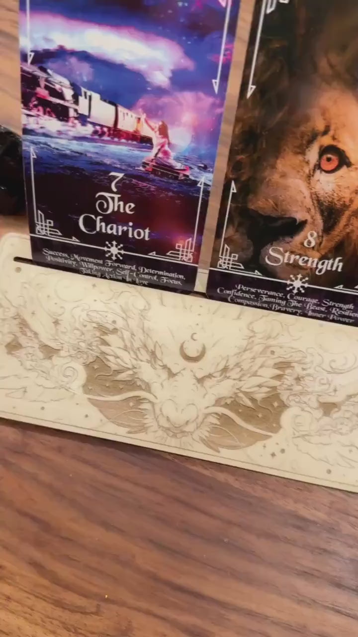 Mystic Dragon Tarot Card Stand – Wooden Engraved Tarot Display for 1-2 Cards, Oracle Card Holder, Card of the Day Stand, Altar Decor