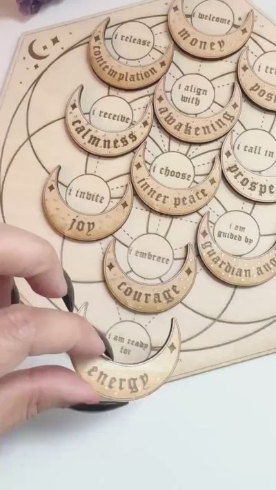 Manifestation Crystal Grid Board With 27 Crescent Moon Intention Tokens – Sacred Geometry, Shadow Work, Affirmation Tool, Altar Decor