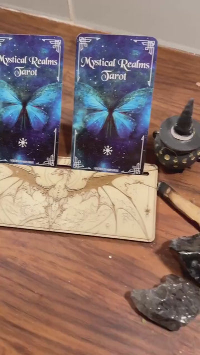 Mystic Dragon Tarot Card Stand – Wooden Engraved Tarot Display for 1-2 Cards, Oracle Card Holder, Card of the Day Stand, Altar Decor