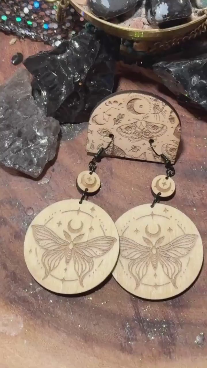 Handmade Earrings Boho Mystic Moth - Spiritual Jewelry with Crescent Moon Design, Wood Witchy Earrings, Gifts For Her