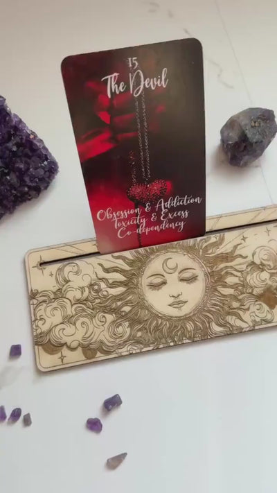Mystic Sun Tarot Card Holder: Wooden Engraved Altar Decor