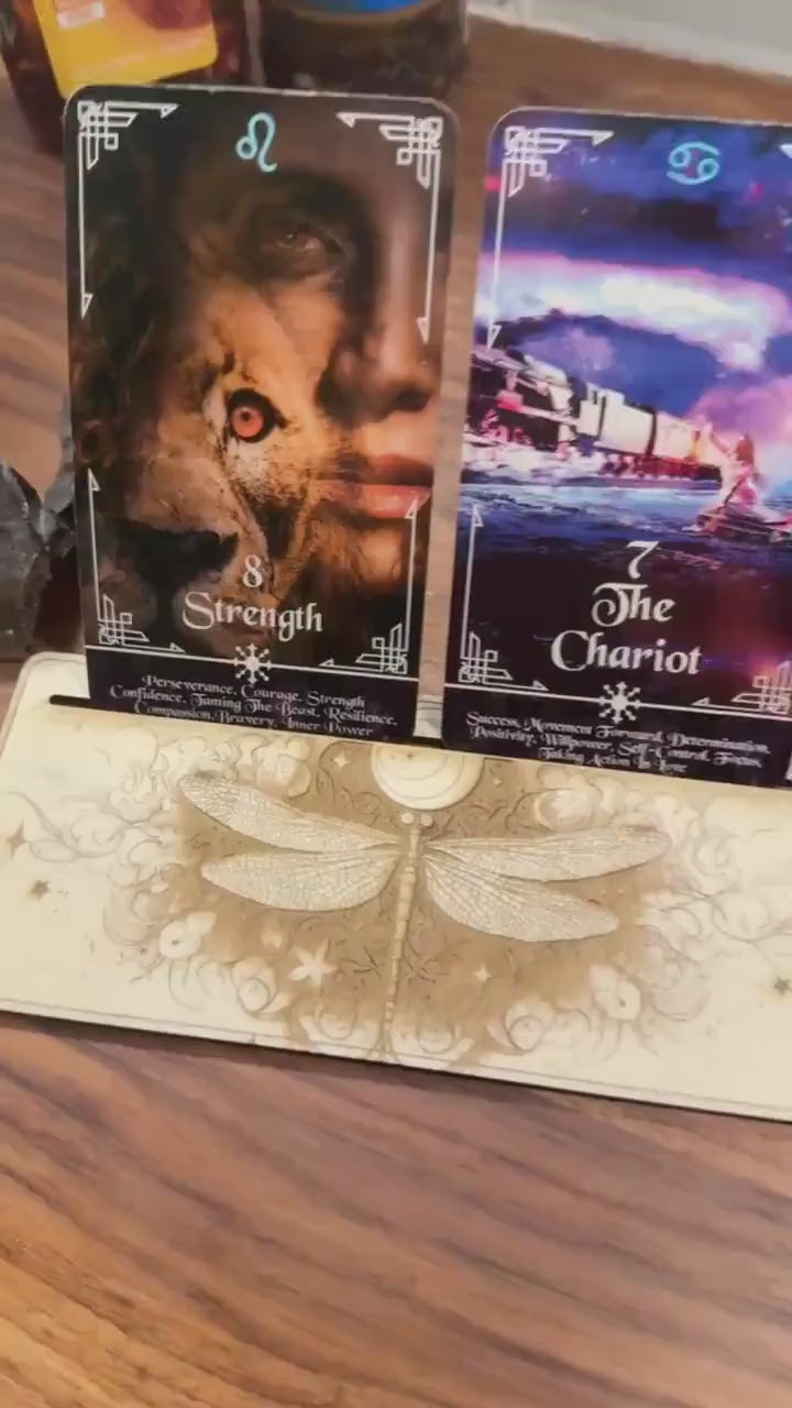 Mystic Dragonfly Tarot Card Stand – Wooden Engraved Tarot Display for 1-2 Cards, Oracle Card Holder, Card of the Day Stand, Altar Decor