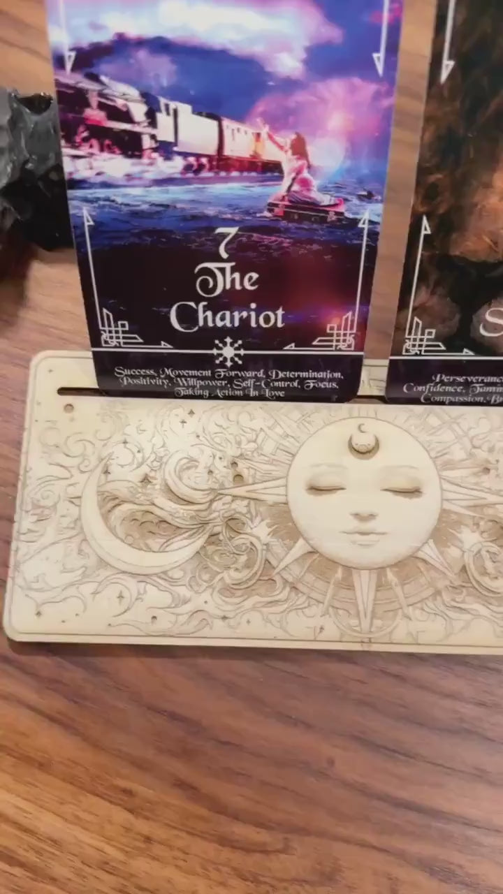 Wooden Tarot Card Stand – Celestial Sun Engraved Altar Decor for Daily Pulls