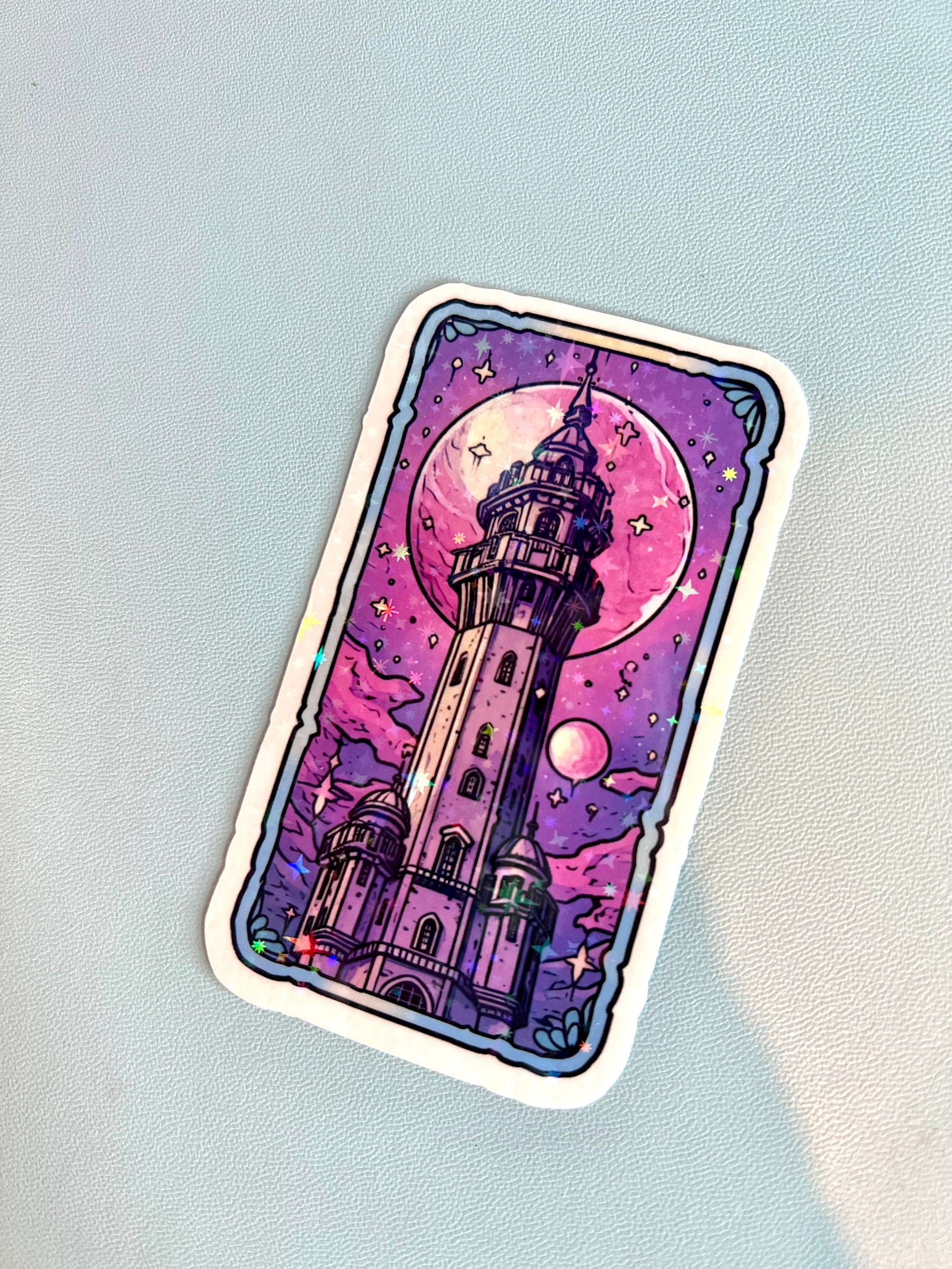 The Tower Tarot Sticker, booktok, journal, witchy sticker, kindle decor cover, moon stars, laptop, tablet, phone case, pastel mystic,