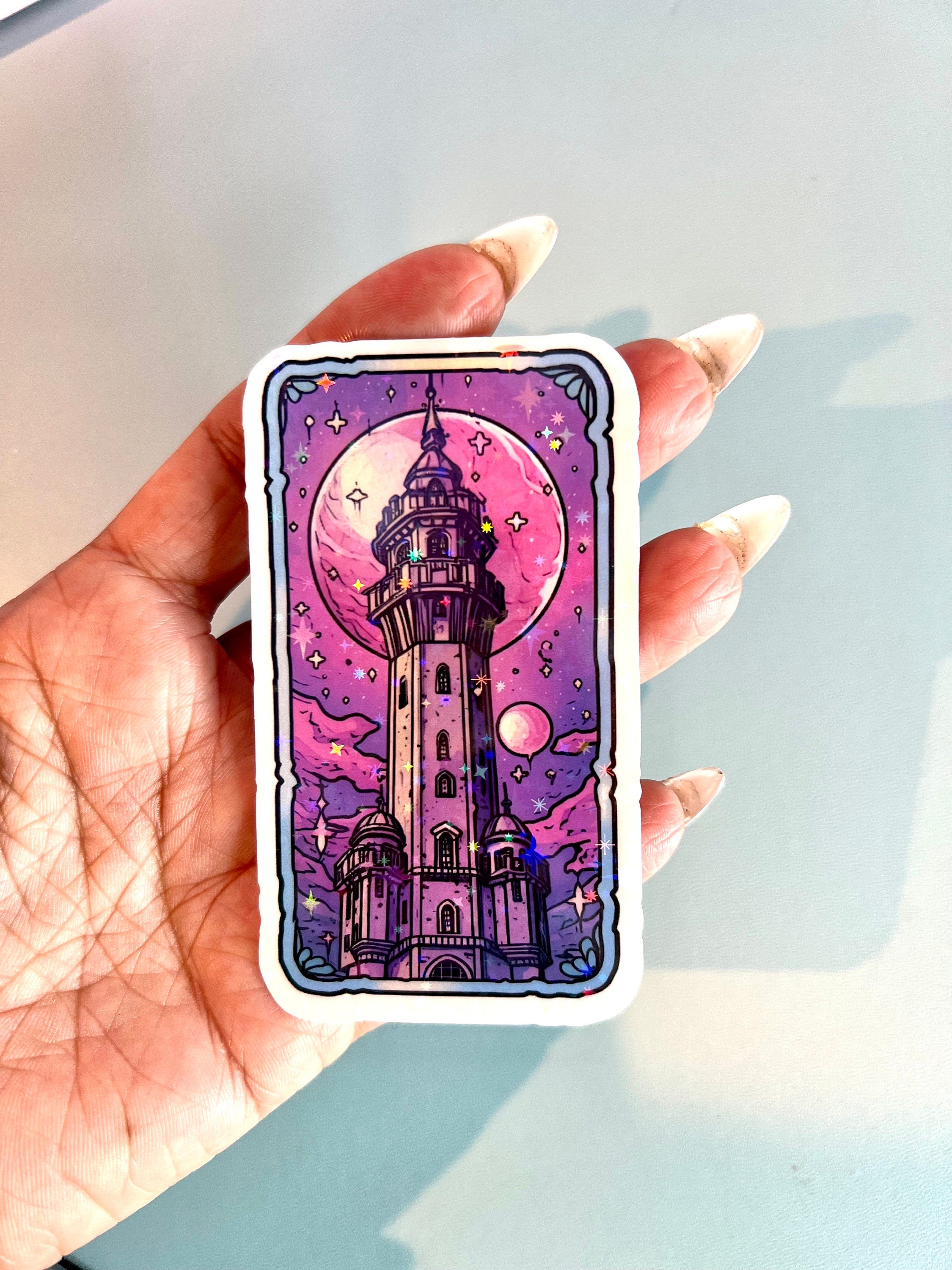 The Tower Tarot Sticker, booktok, journal, witchy sticker, kindle decor cover, moon stars, laptop, tablet, phone case, pastel mystic,